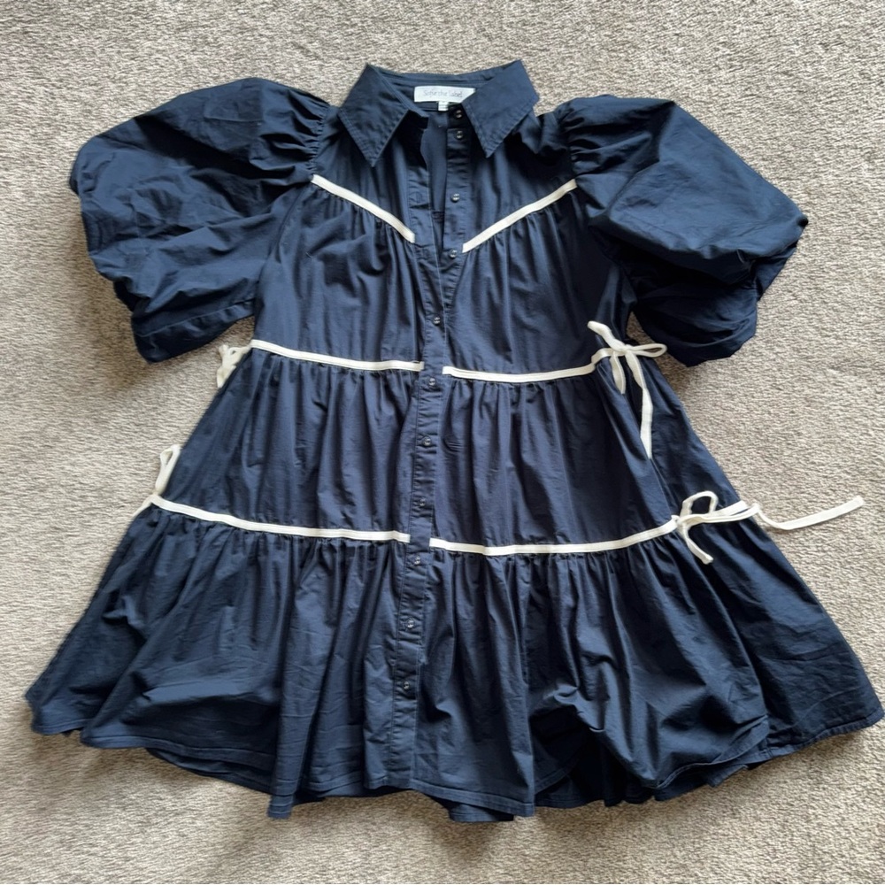 Sofie the Label Navy Women's Dress with Puff Sleeves Size Medium Cottagecore - Picture 2 of 10